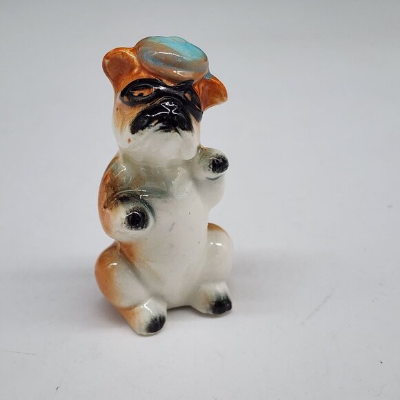 Other - Vintage Ceramic Bandit Pug Figurine With Blue Hat In Japan 2.5" Tall